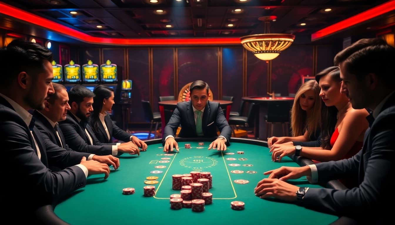 Players at a poker table enjoying high-stakes games on https://gg88.biz/ with vibrant chips and cards.