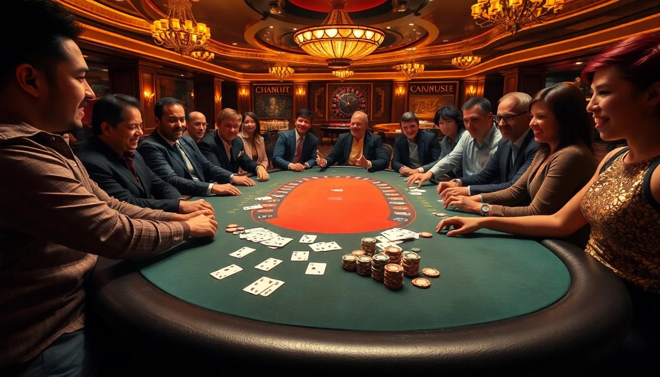 Experience high-stakes gameplay at MM OO's luxurious poker table in a vibrant casino.