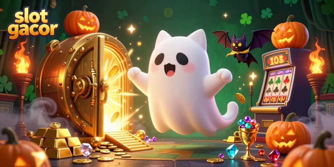 Experience the thrill of slot gacor with a vibrant 3D illustration of a ghost cat and treasures.