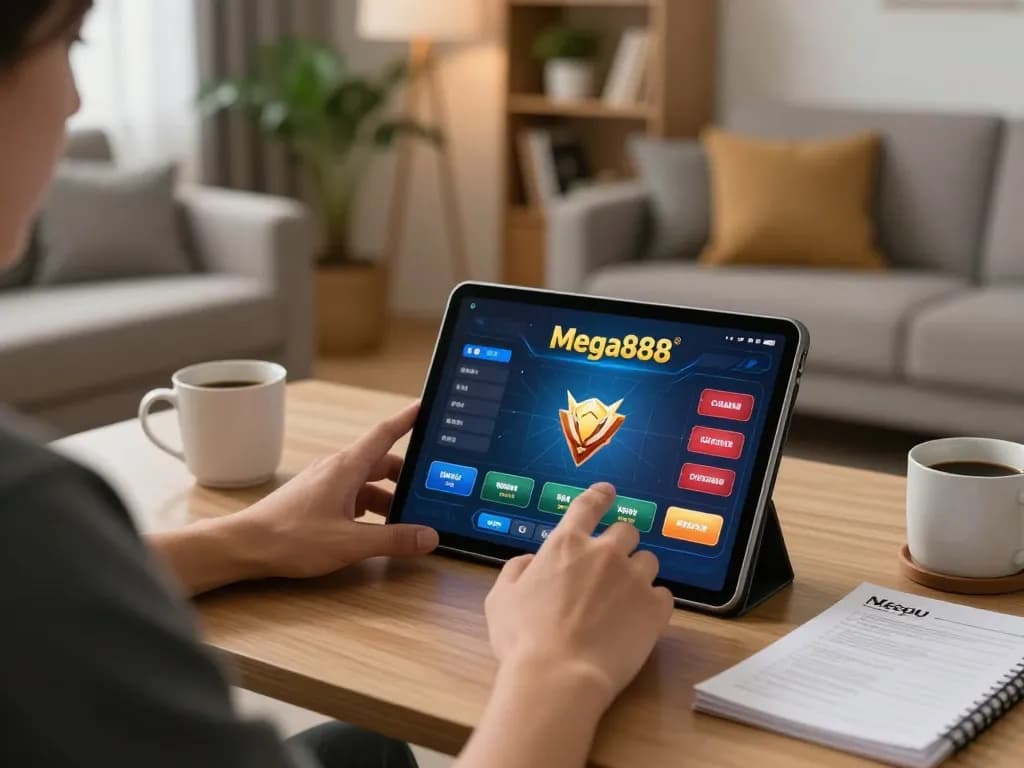 Mega888 mobile gaming experience in a cozy home setting, focusing on strategic gameplay.