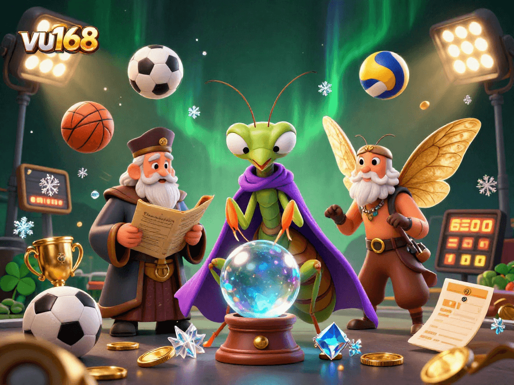Bet and win with vu168, featuring vibrant 3D casino characters and dynamic sports elements