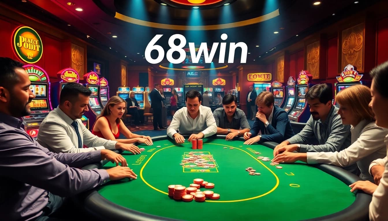 Exciting poker action at 68win, featuring enthusiastic players and vibrant casino atmosphere.