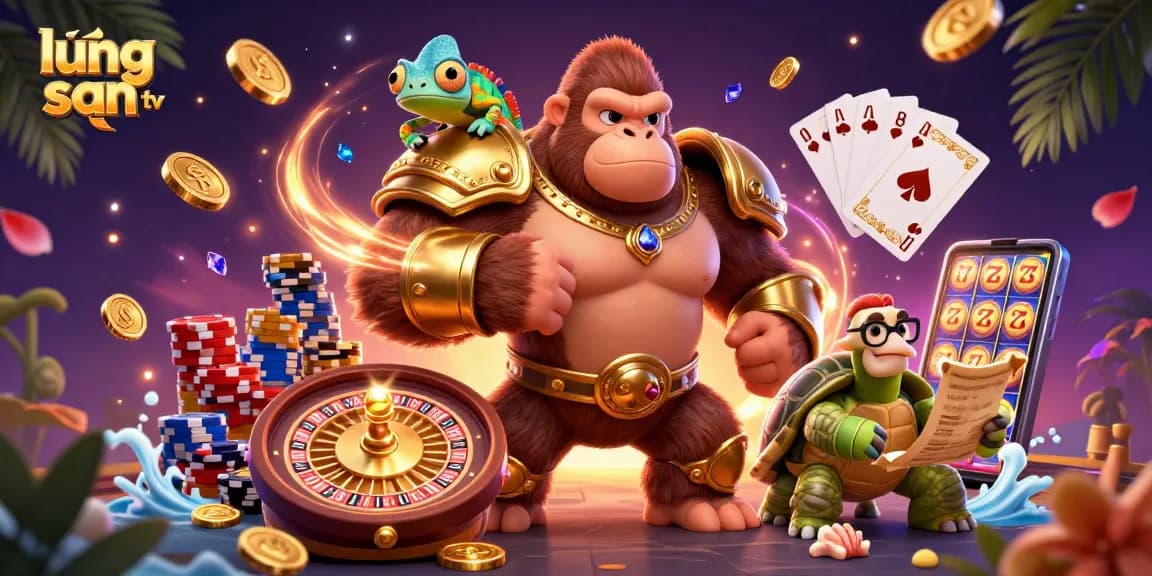 Experience thrilling gambling at lương sơn tv with a dynamic 3D illustration capturing card games, slots, and excitement.