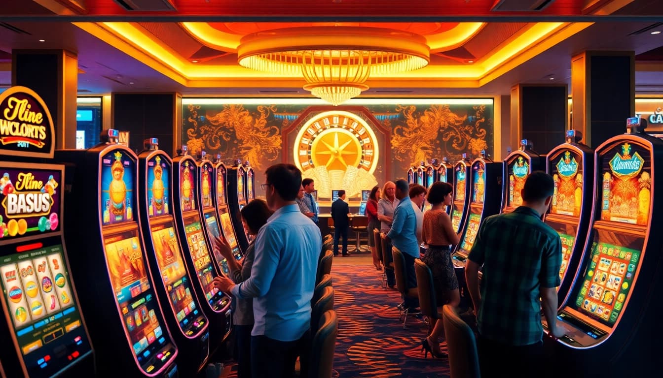 Rasakan keseruan slot gacor aman788 dengan para pemain di mesin slot yang berwarna-warni dalam suasana kasino yang mewah.