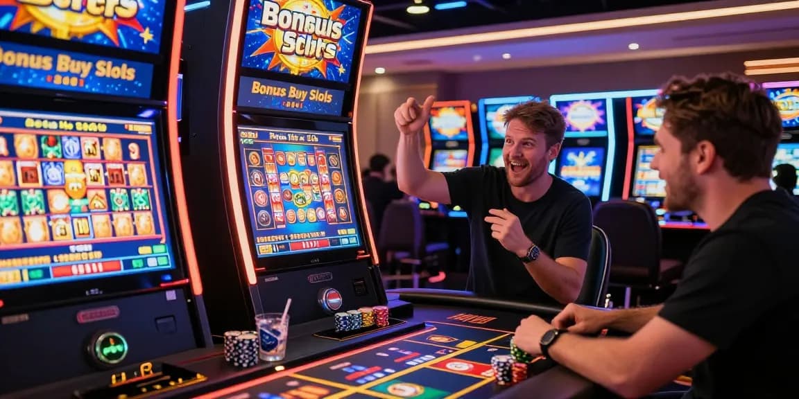 Exciting players engaging with bonus buy slots in a vibrant online casino atmosphere.