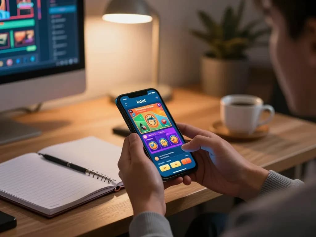 Engaging in kdslot mobile gaming with dynamic smartphone interaction in a cozy lounge.