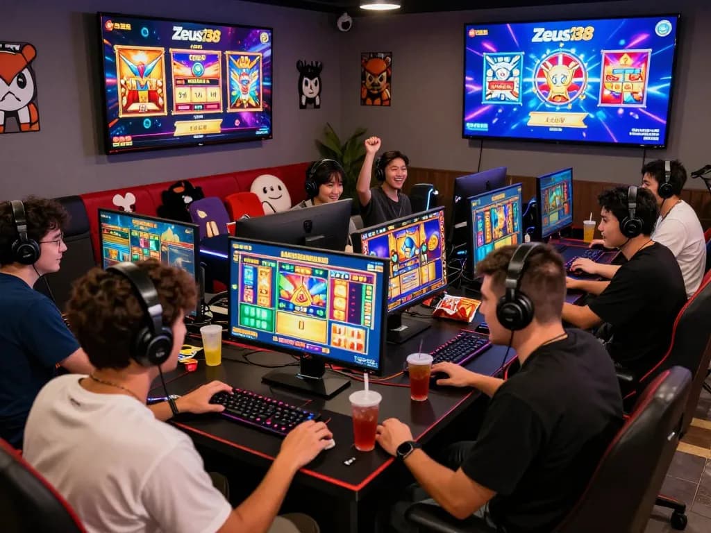 Exciting Zeus138 online gaming atmosphere with players celebrating wins in a vibrant slot game session.