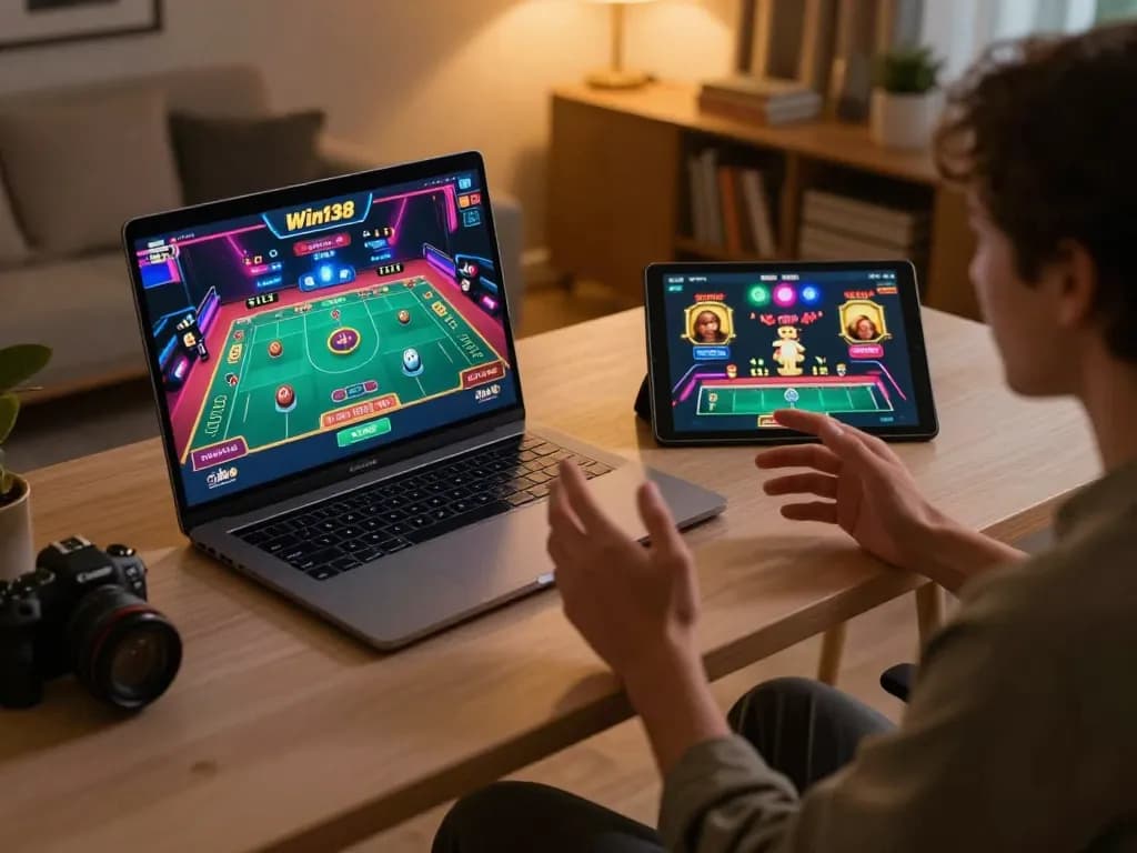 Player enjoying live dealer games on laptop for Win138, highlighting engaging online gambling experience.