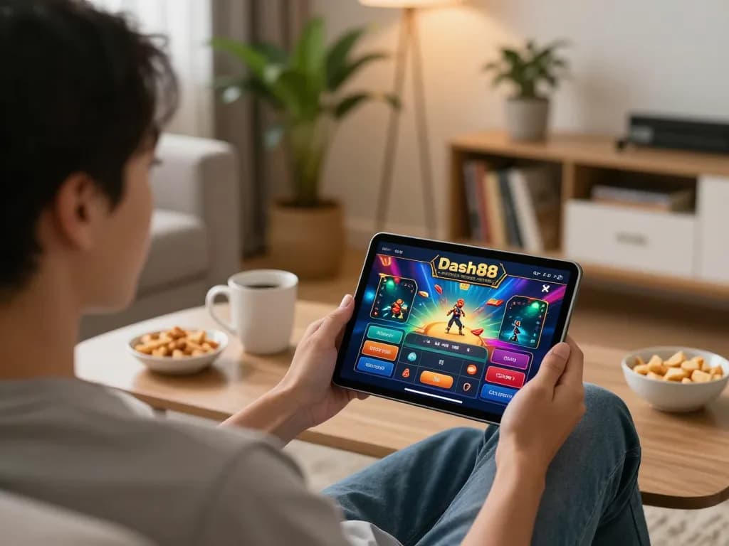 Playing dash88 slots on a tablet in a cozy home setting, emphasizing responsible online gaming.