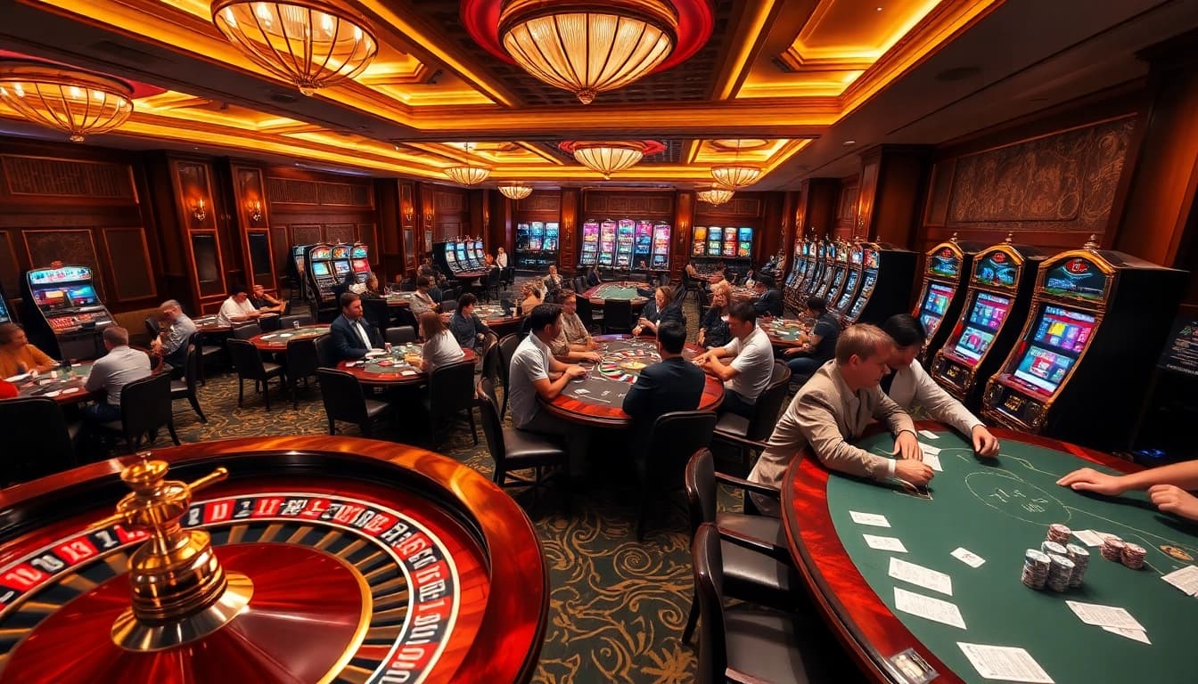 Exciting gaming atmosphere at s666 casino with roulette and poker tables.