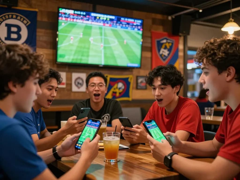 Kèo bóng đá analysis during a lively sports betting night with friends at a bar, creating an exciting atmosphere.