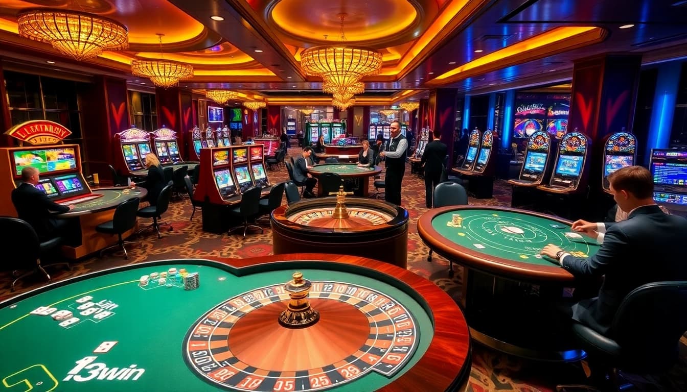 Players enjoying thrilling gambling experiences at 13win casino with poker tables and slot machines.