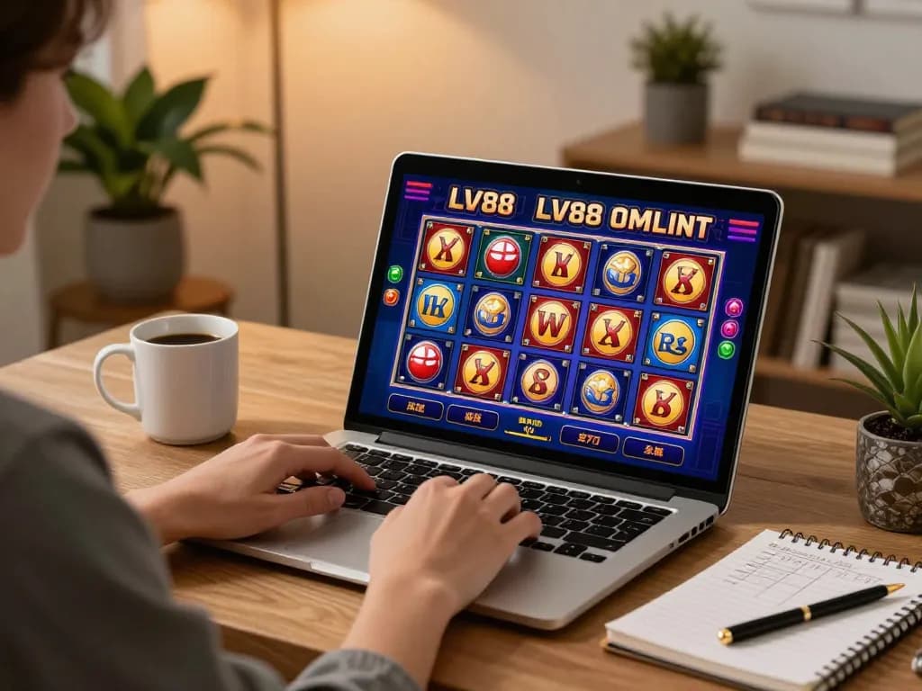Engaging in online casino games at LV88 with a cozy home setup including laptop and strategy notes.