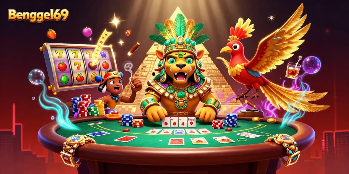 Bengkel69 gameplay illustration showcasing colorful slot reels, jackpot symbols, and vibrant casino atmosphere