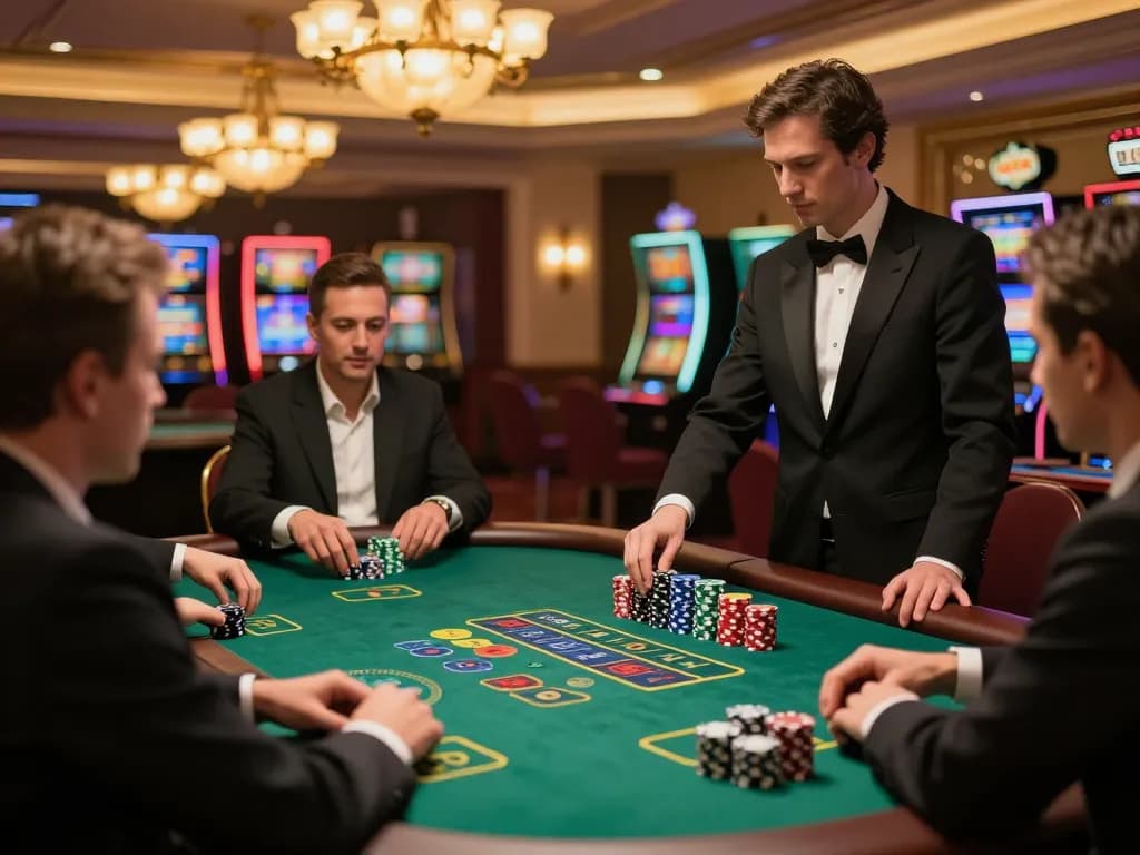 Tg88 blackjack players strategizing bets at an upscale casino table with vibrant ambiance.