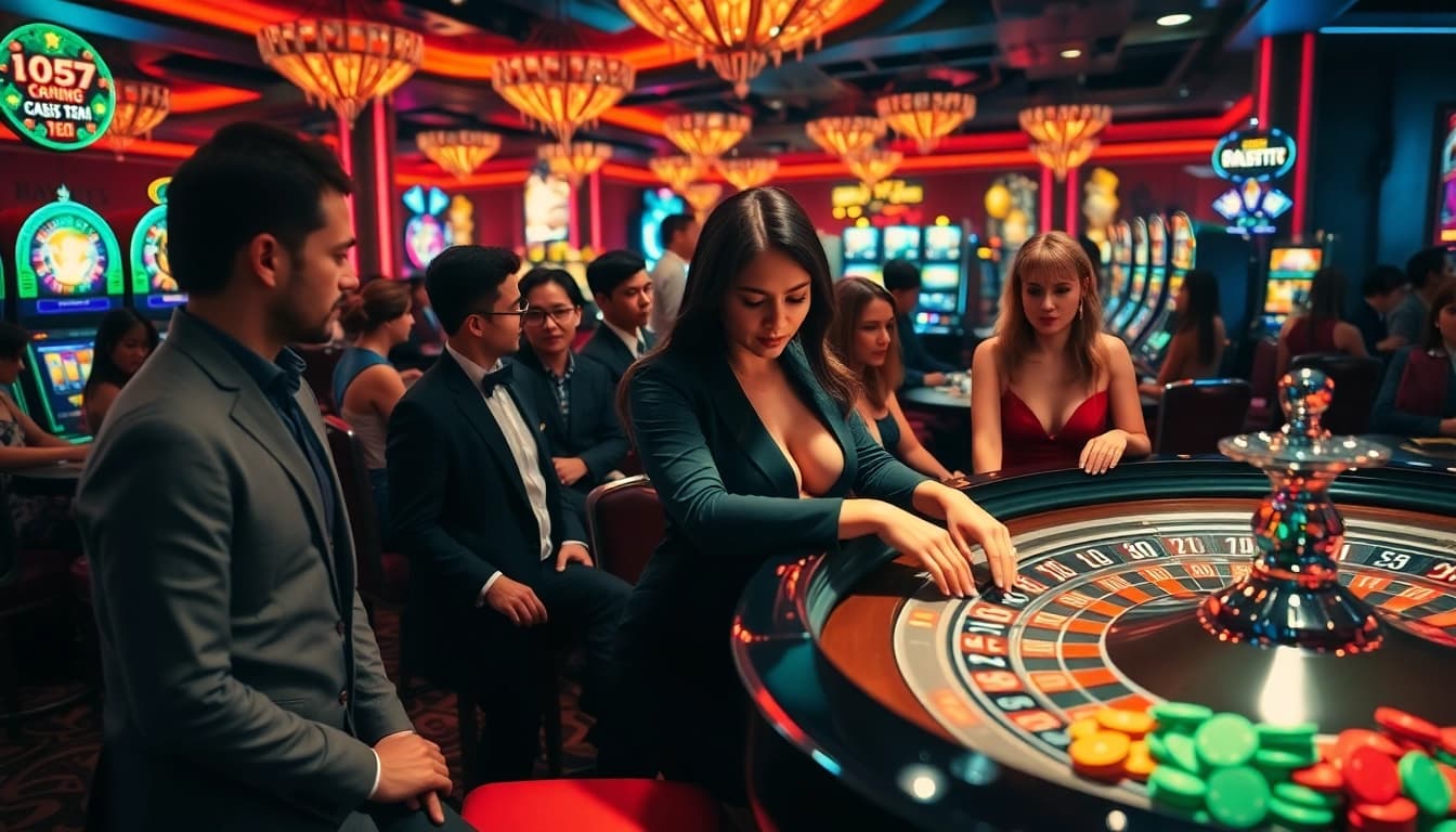 Permainan agen bola sbobet di kasino dengan dealer glamor dan pemain bersemangat.
