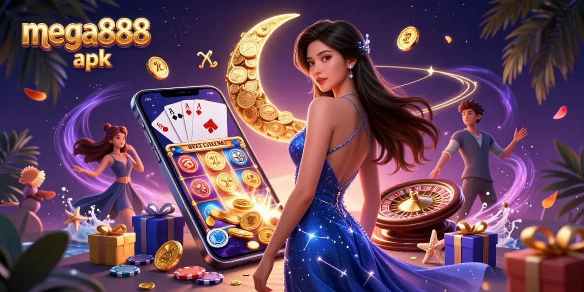 Alami mega888 apk dengan permainan slot yang berwarna-warni dan reka bentuk yang elegan dalam ilustrasi kasino yang menarik ini.