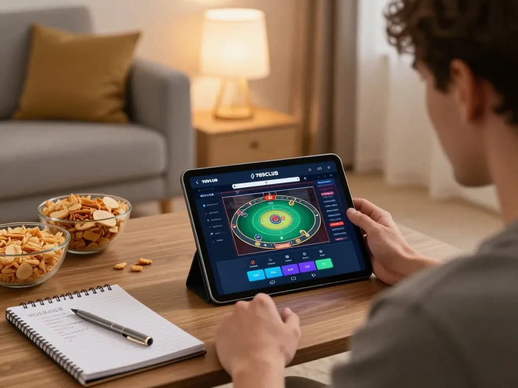 Engaged player using 789CLUB app on a tablet for online gaming with snacks and strategy notes nearby.