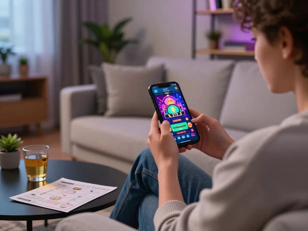 Player enjoying FAFA828 mobile casino app in a cozy home setting with strategy notes