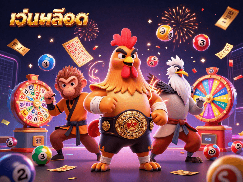 Explore เว็บสล็อต with vibrant 3D characters and exciting casino game elements in an energetic scene.