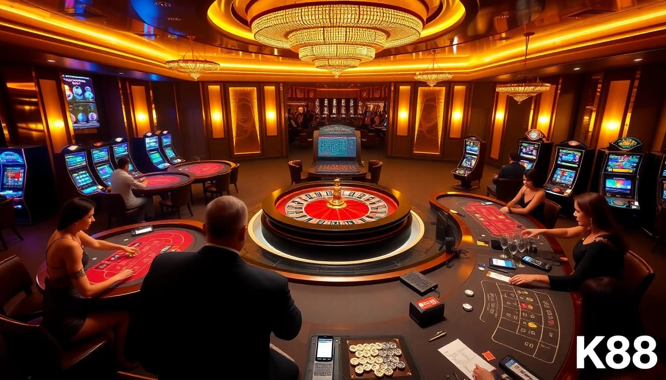 K88 casino featuring a luxurious roulette wheel and engaged poker players in an exciting atmosphere.