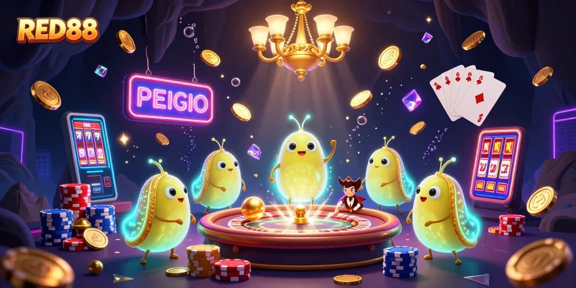 Experience the vibrant energy of RED88 with glowworms lighting up a dynamic casino scene filled with games.