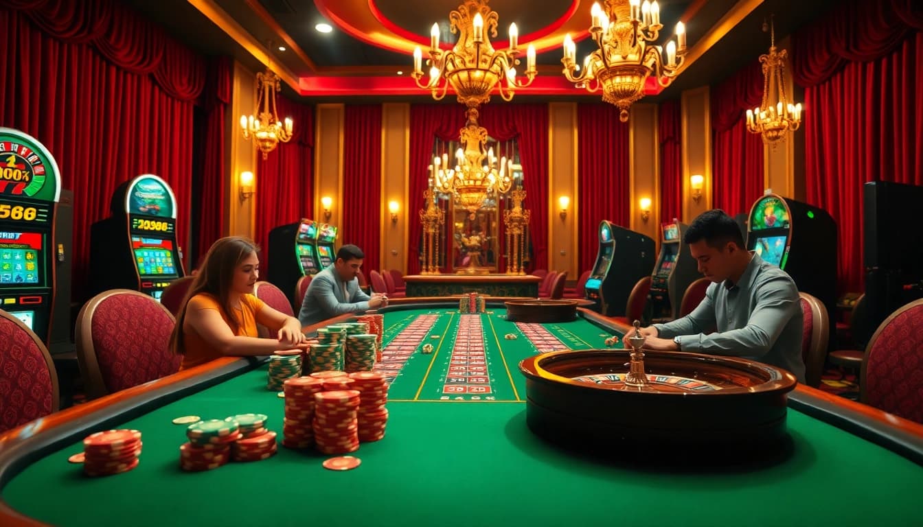 Situs Gacor displays vibrant tables and engaging players in a luxurious casino setting.