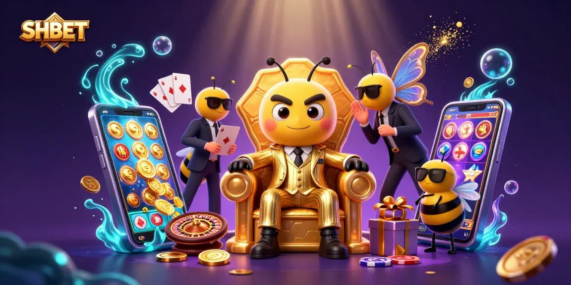 Engage with SHBET's exciting games featuring a bumblebee mob boss and vibrant casino elements.