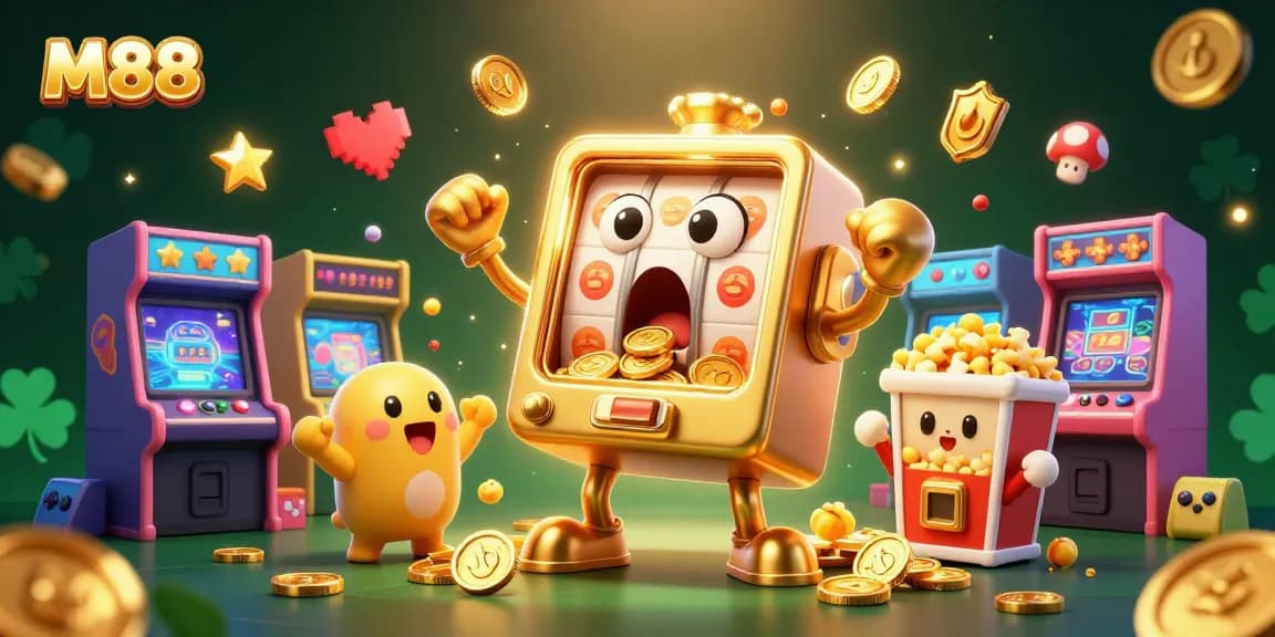 M88 online casino features a joyous golden slot machine celebrating a jackpot in a lively, colorful environment.