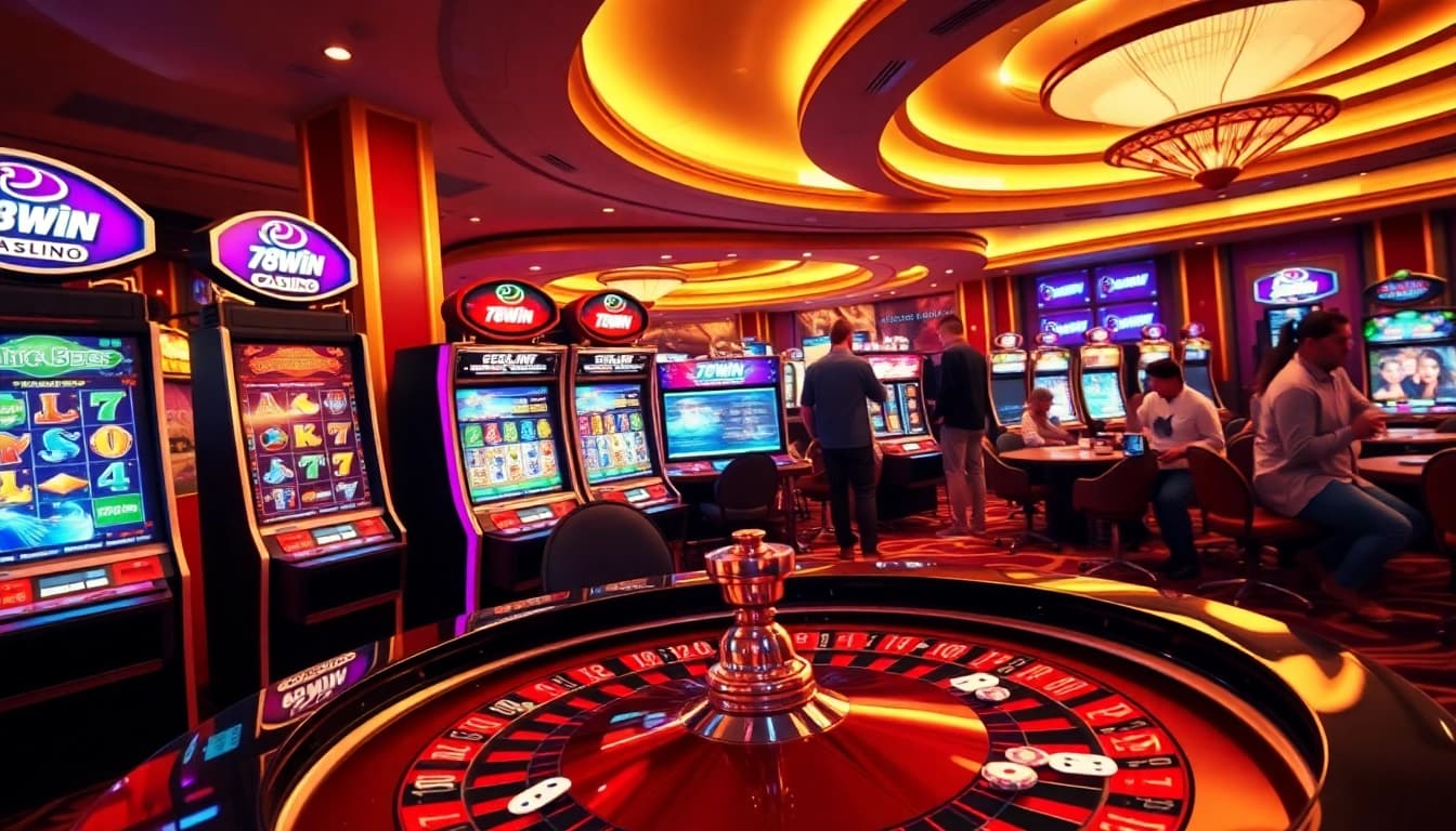 Players enjoying exciting games at 78wintl.org casino with vibrant slot machines and roulette table.