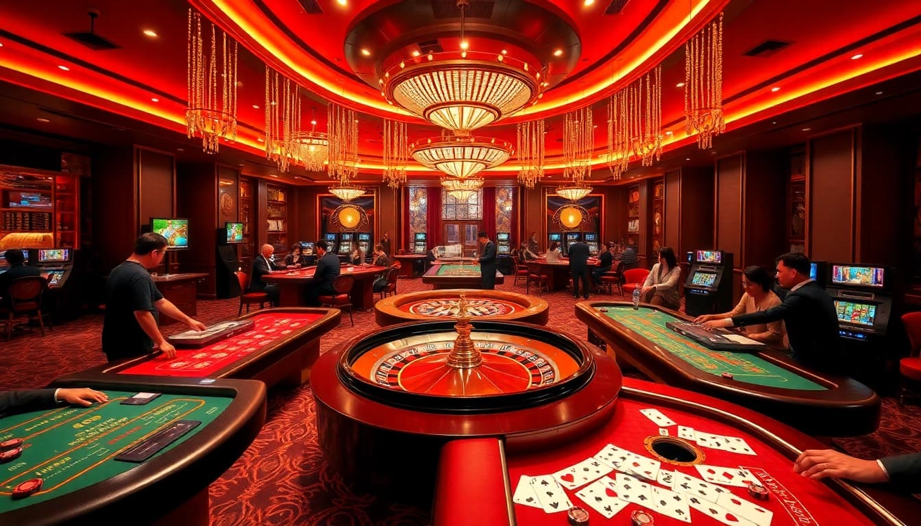 J88 casino scene showcasing players at roulette and table games in a vibrant atmosphere.