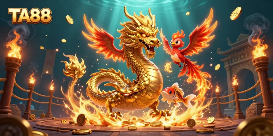 Engage in thrilling gameplay at TA88 with the fierce dragon, phoenix, and koi fish in a lively casino scene.