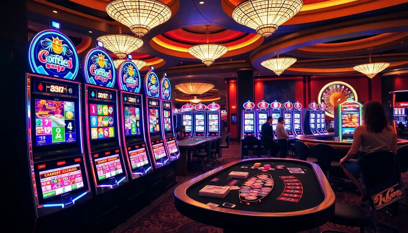 A dynamic casino scene showcasing vibrant slot machines and excited players enjoying the thrill of slot gaming.