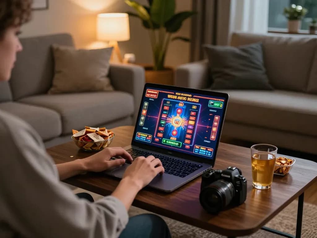 Player enjoying slots at non UKGC casinos on a cozy laptop setup in a warm home.