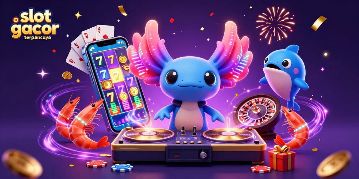 Experience slot gacor terpercaya with vibrant characters like a DJ axolotl and dancing shrimp in this dynamic casino scene.