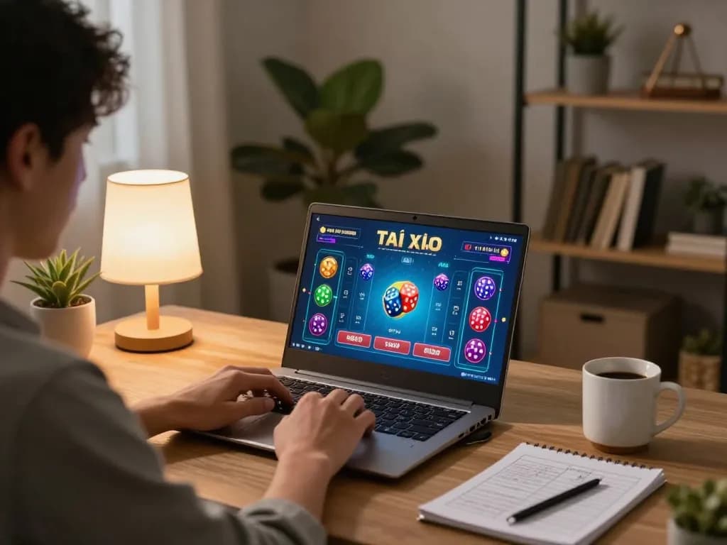 Tài xỉu online gaming setup with a player engaged, showcasing vibrant interface and cozy home atmosphere