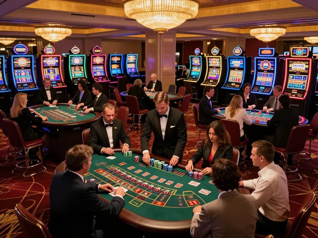 Players enjoy strategic gameplay at a Sunwin casino, surrounded by vibrant slot machines and luxurious decor.