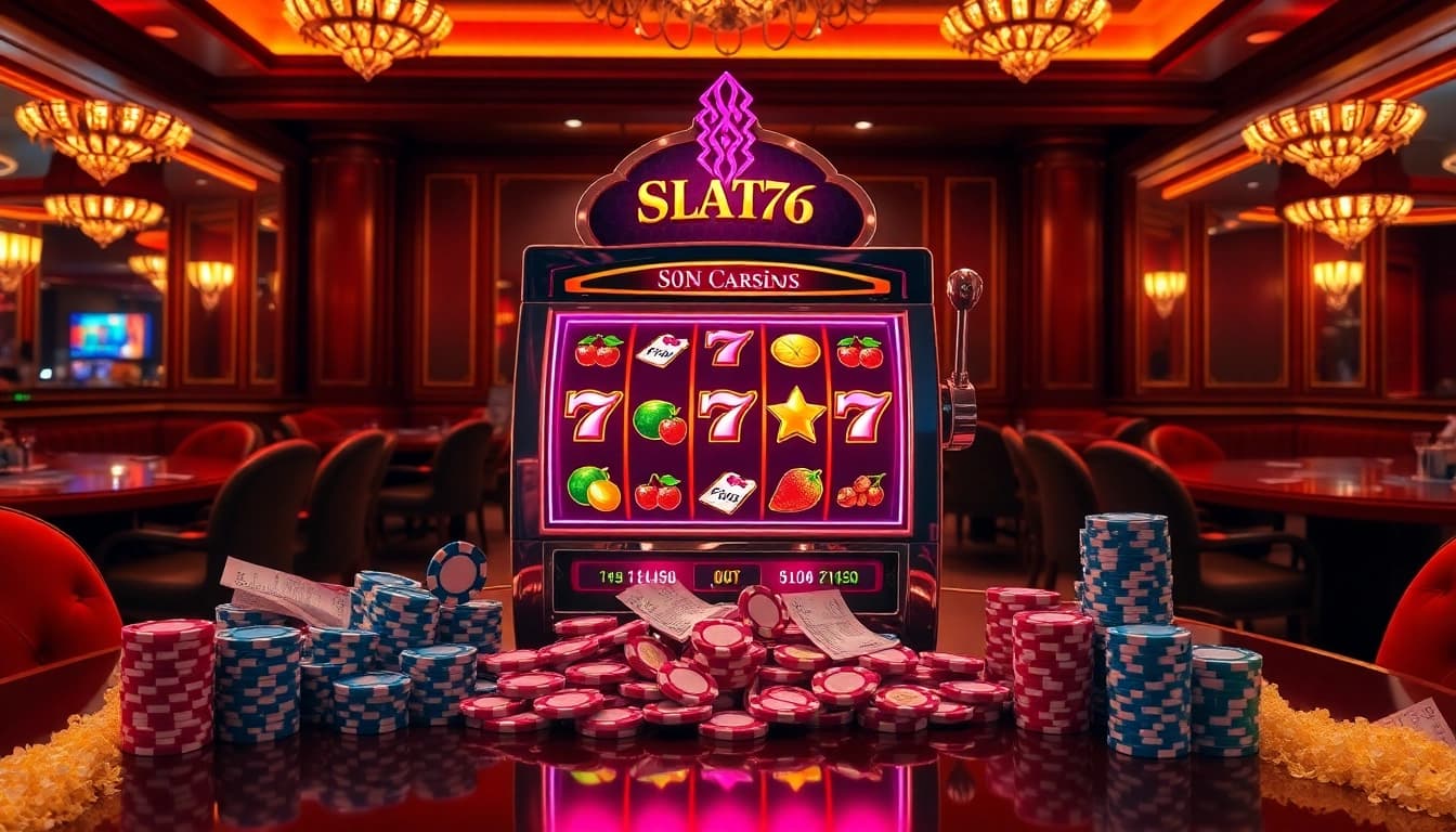 Experience the excitement of slot777 gaming with vibrant slot machines and winning poker chips.