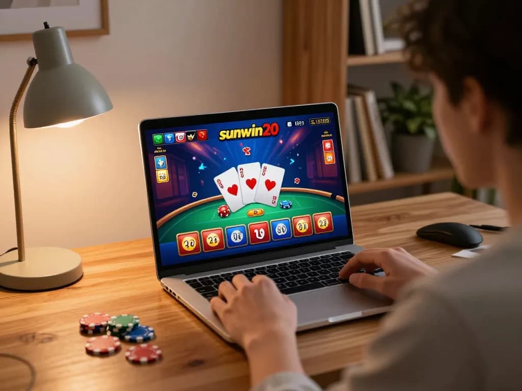 Player enjoying online gambling on sunwin20 platform in a cozy home environment.