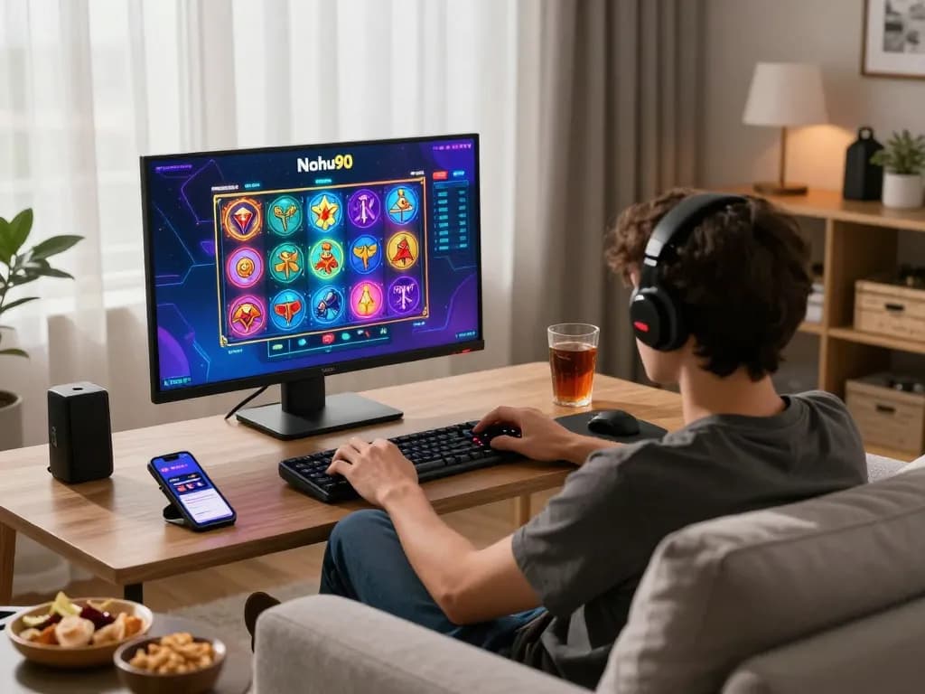 Nohu90 gaming excitement with a user immersed in an online slot game at home
