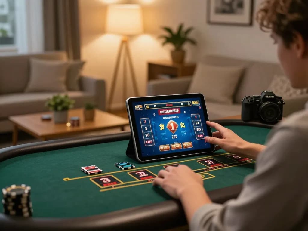 Person engaging with 98 win online casino app on tablet at home, showcasing excitement in a cozy setting.