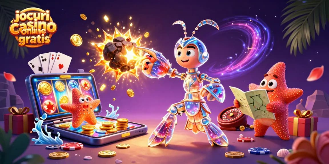 Joacă jocuri casino online gratis și câștigă! Sloturi captivante într-o ilustrație plină de culoare.