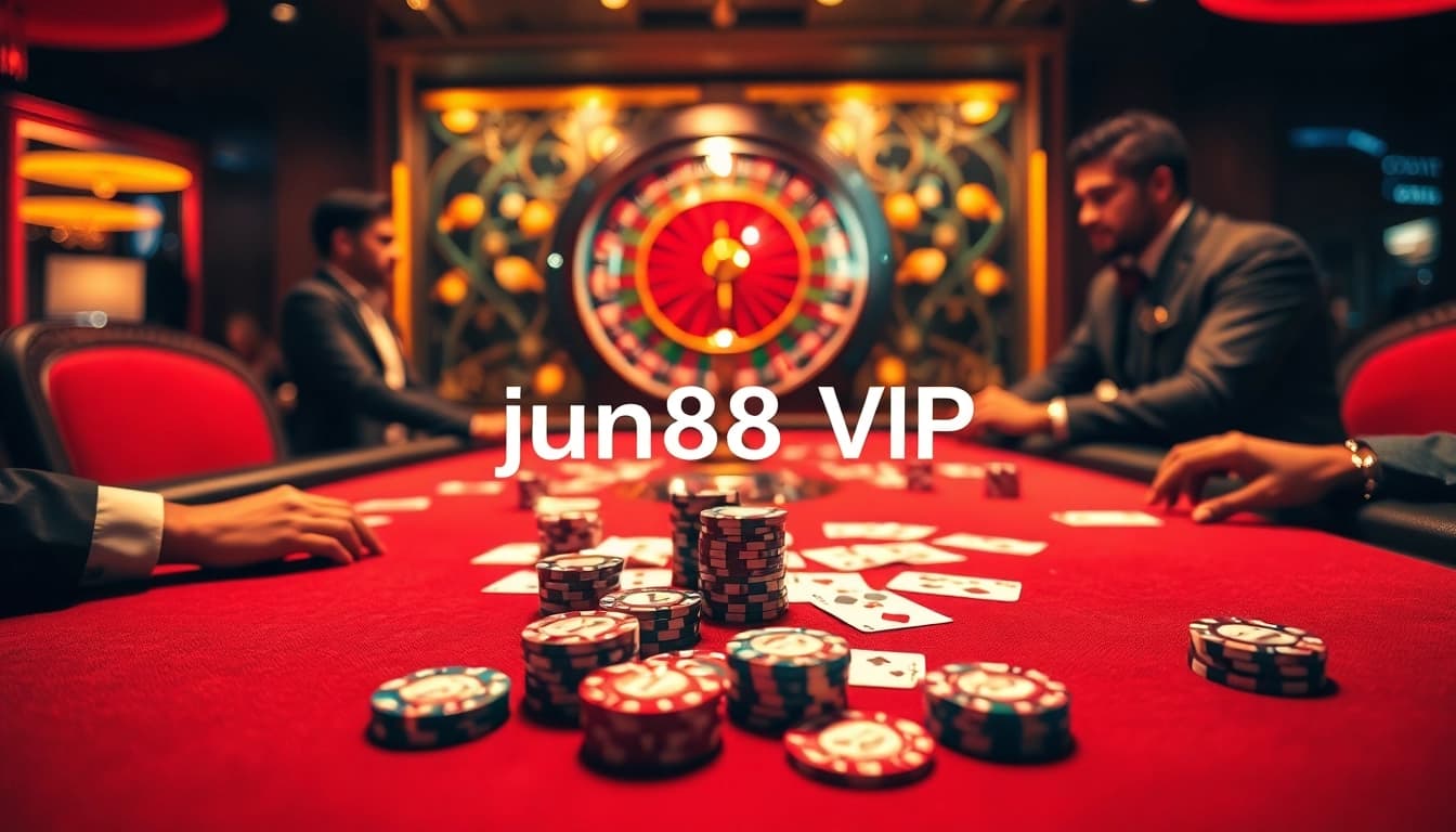 Experience a thrilling VIP moment at JUN88 with an exclusive poker table and roulette wheel.