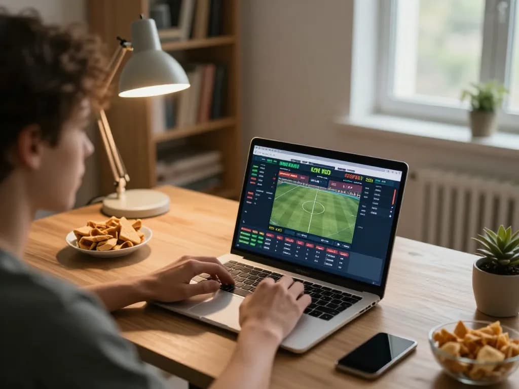 Player enjoying online sports betting at bk8 with live odds on laptop in a cozy home setting.