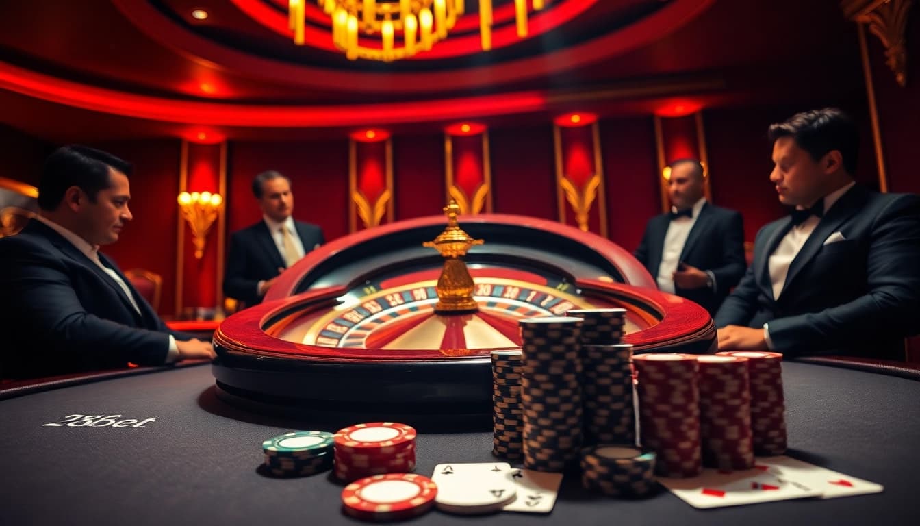 Action-packed gambling scene showcasing nhà cái 28bet's vibrant atmosphere with roulette and poker elements.