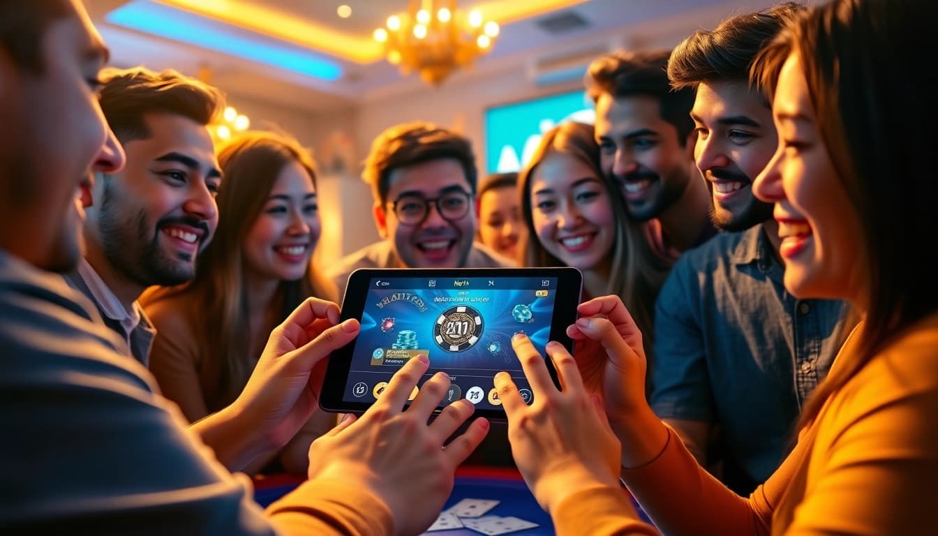 Tải game Nhatvip chính thức on a tablet surrounded by enthusiastic players engaging in exciting gaming.