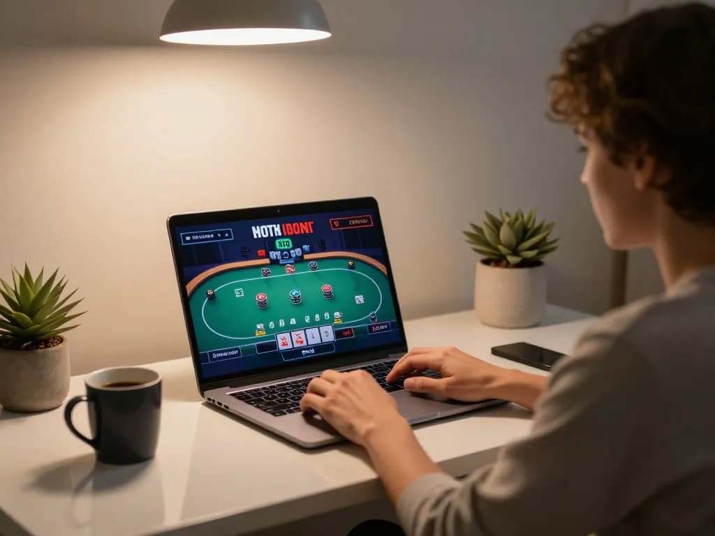 Player enjoying transcrime online casino poker while managing strategies at home.