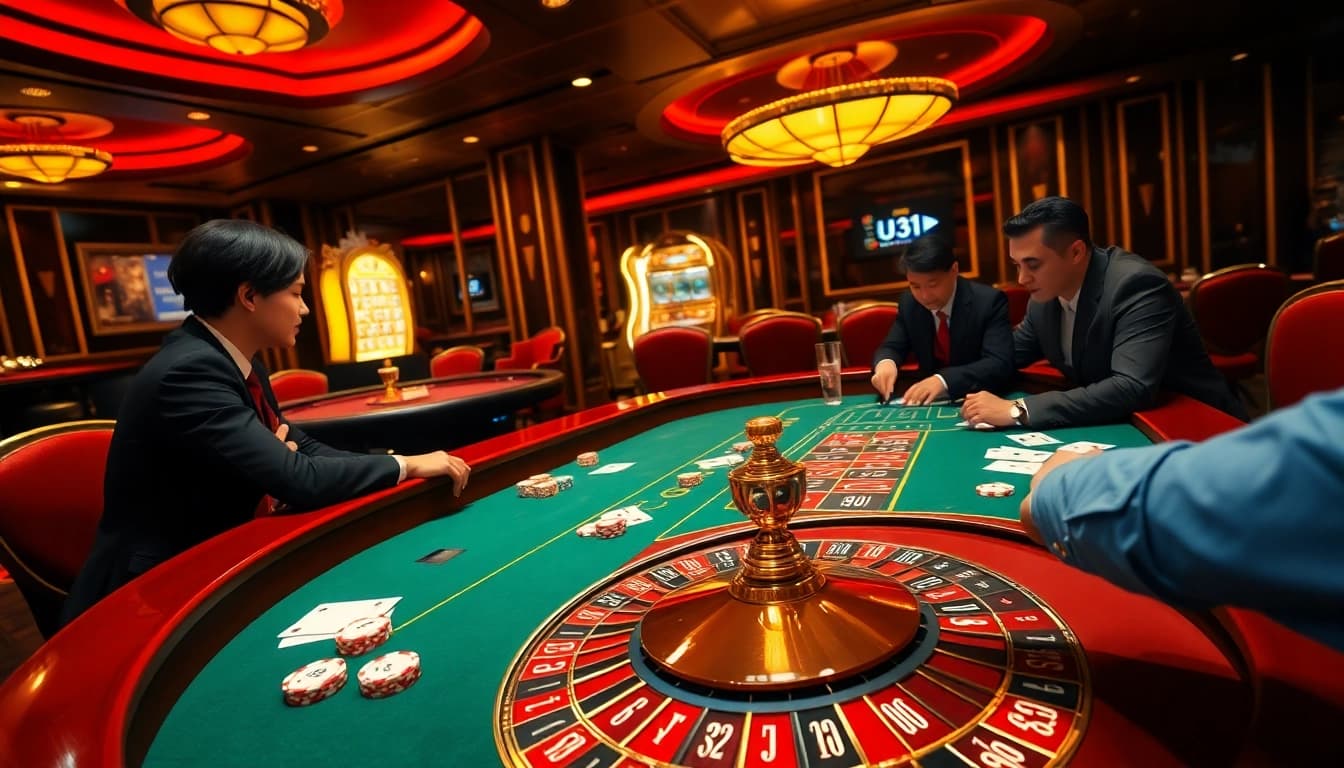 U31 players celebrate winnings at a luxurious casino table with colorful chips and cards.