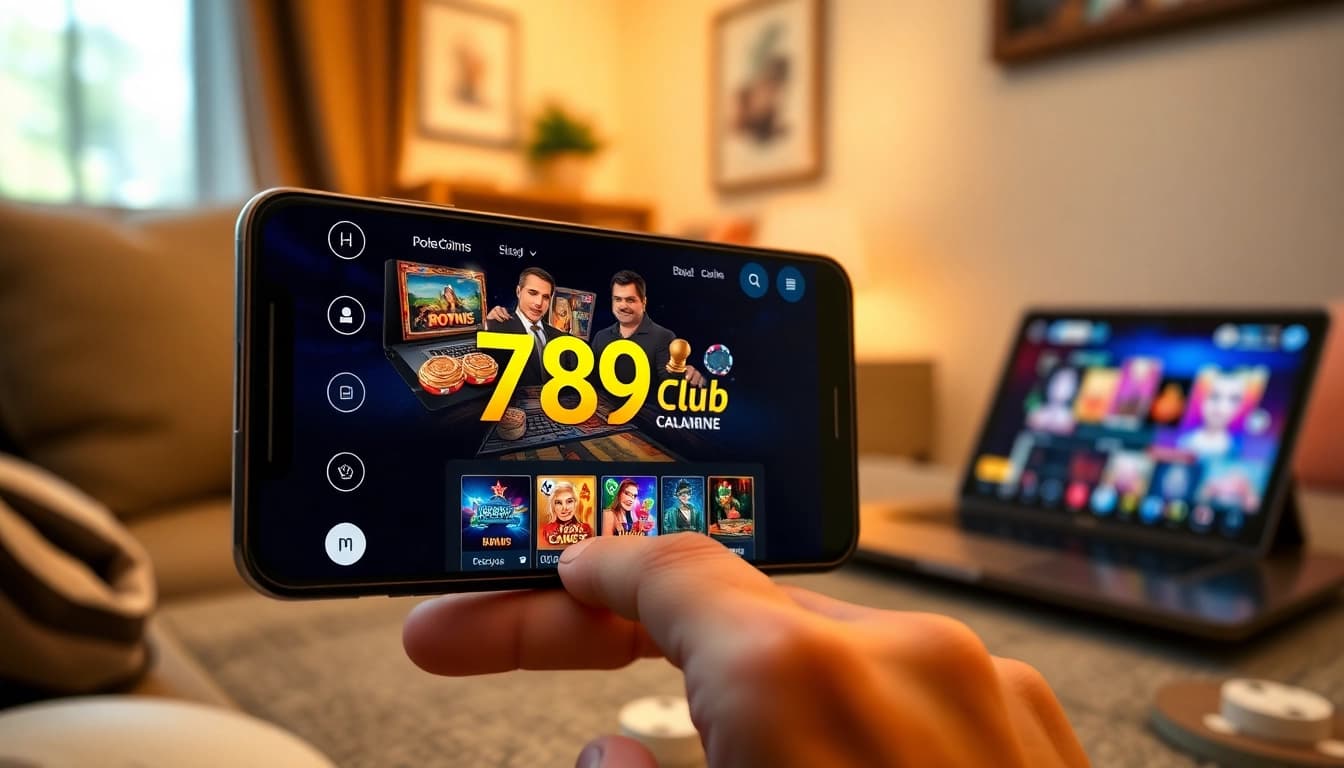 Interactive 789Club APK interface on a smartphone showcasing vibrant gaming visuals.