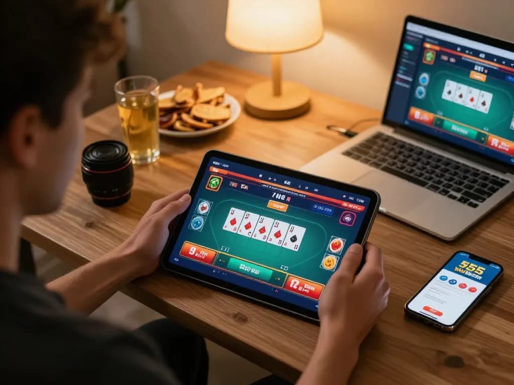 Player engaging in a thrilling 555win poker game on a tablet in a cozy home setting.